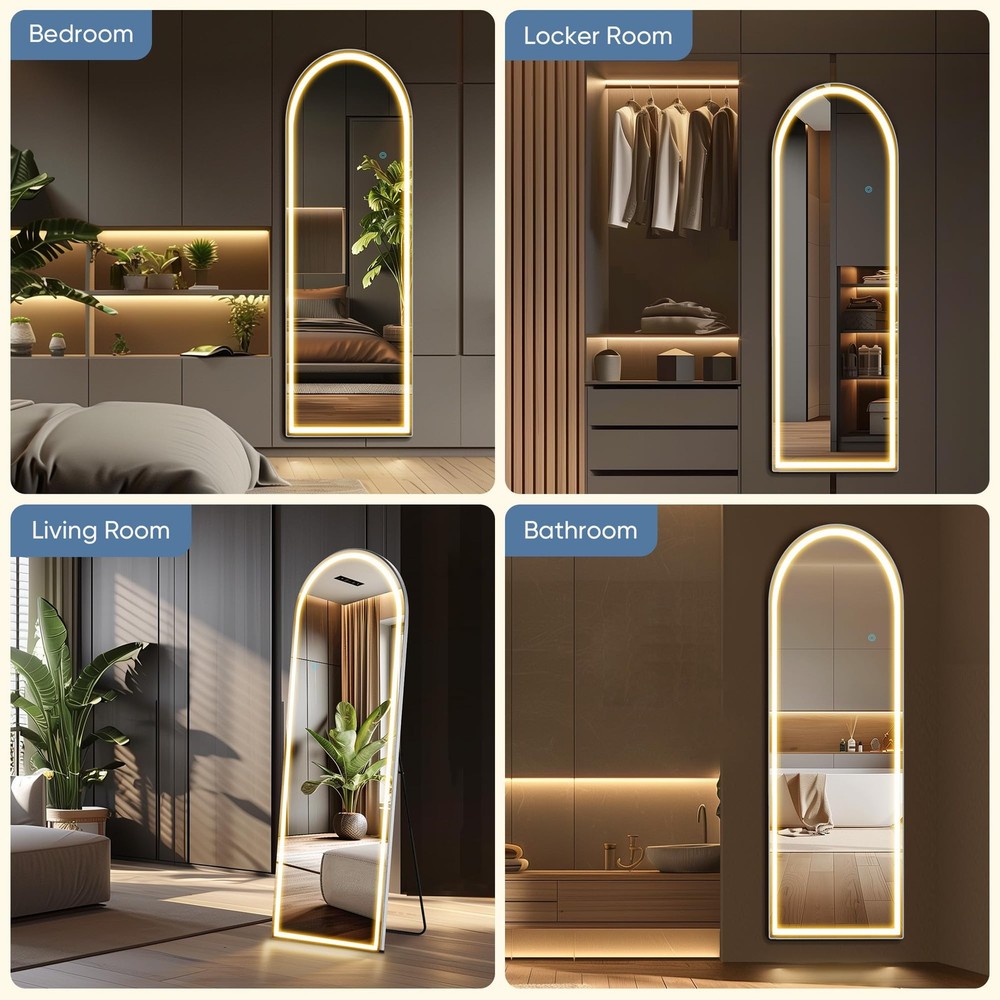 Arched Full Length Mirror LED Light Floor Standing Wall Mounted 3 Color Lights
