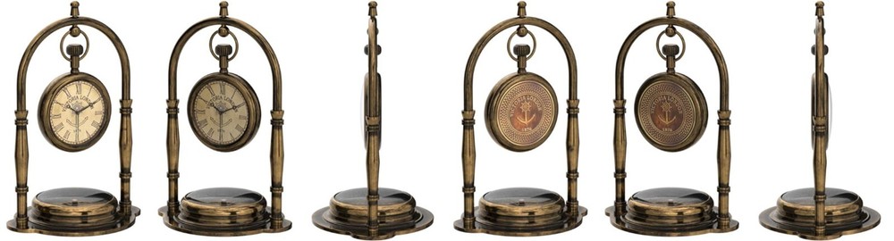Maritime Compass Base Nautical Table Clock Ship's Clock Brass Hanging Desk Clock
