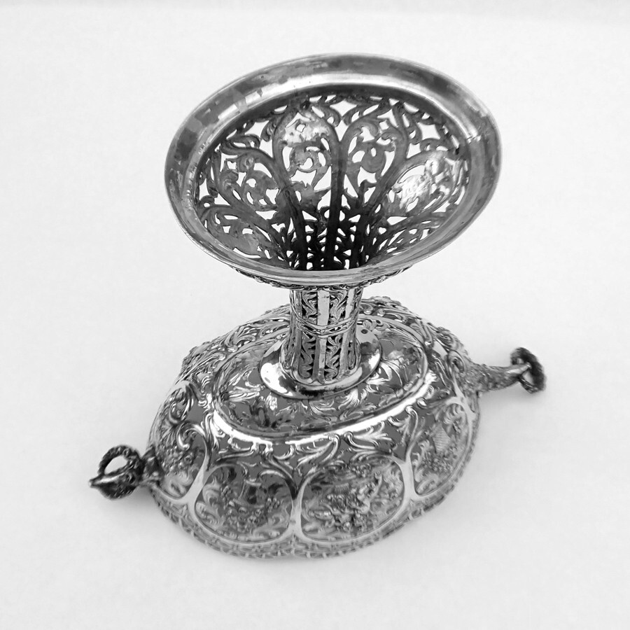 Ornate Footed Basket Open Work Designs Figural Handles 800 Silver