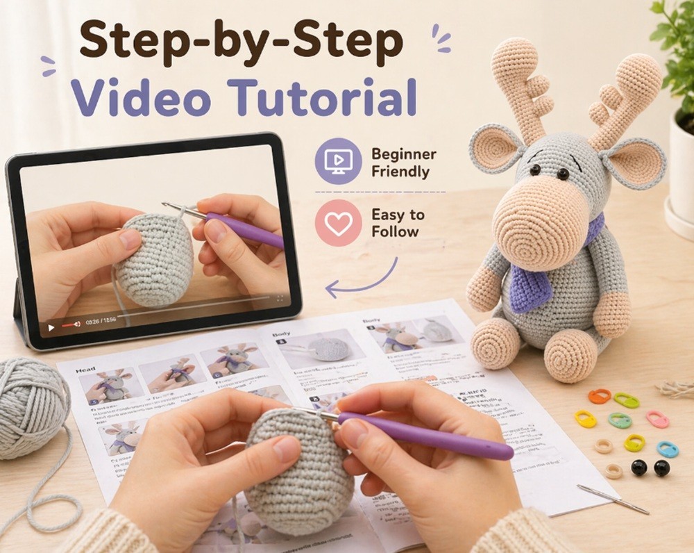 Reindeer Crochet Kit for Beginners Amigurumi DIY Set with Video Tutorial