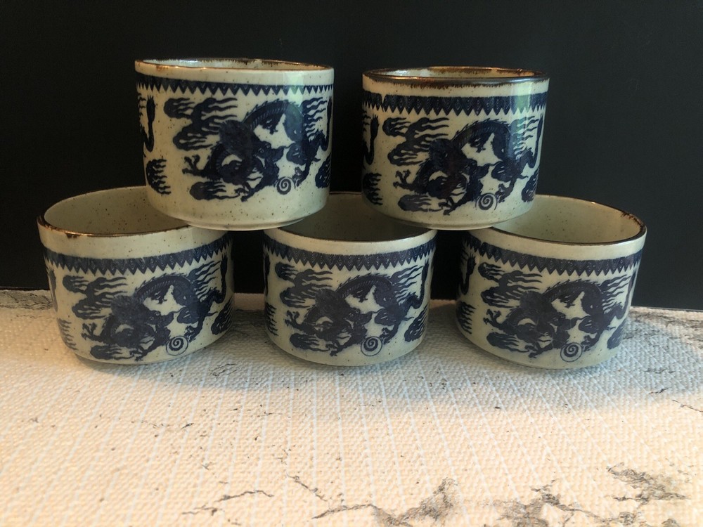 (5) Asian Stoneware Blue Dragon Teacups