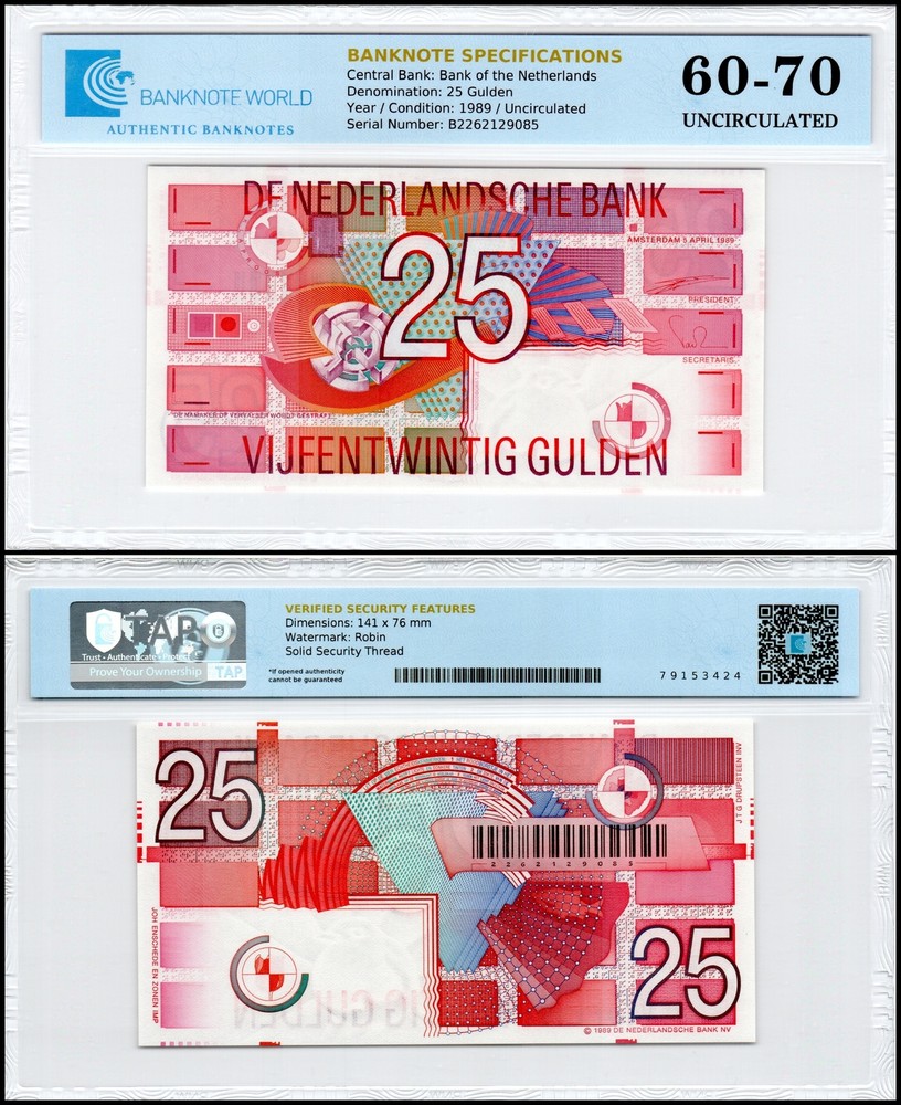 Netherlands 25 Gulden, 1989, P-100, UNC, Authenticated Banknote