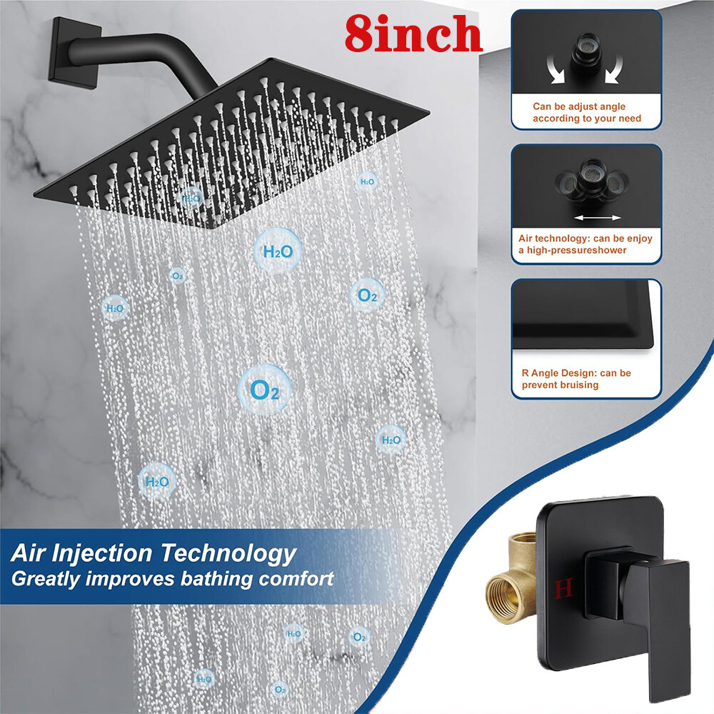 8"Rainfall Shower Head Combo System with Mixer Valve Kit Black Shower Faucet Se