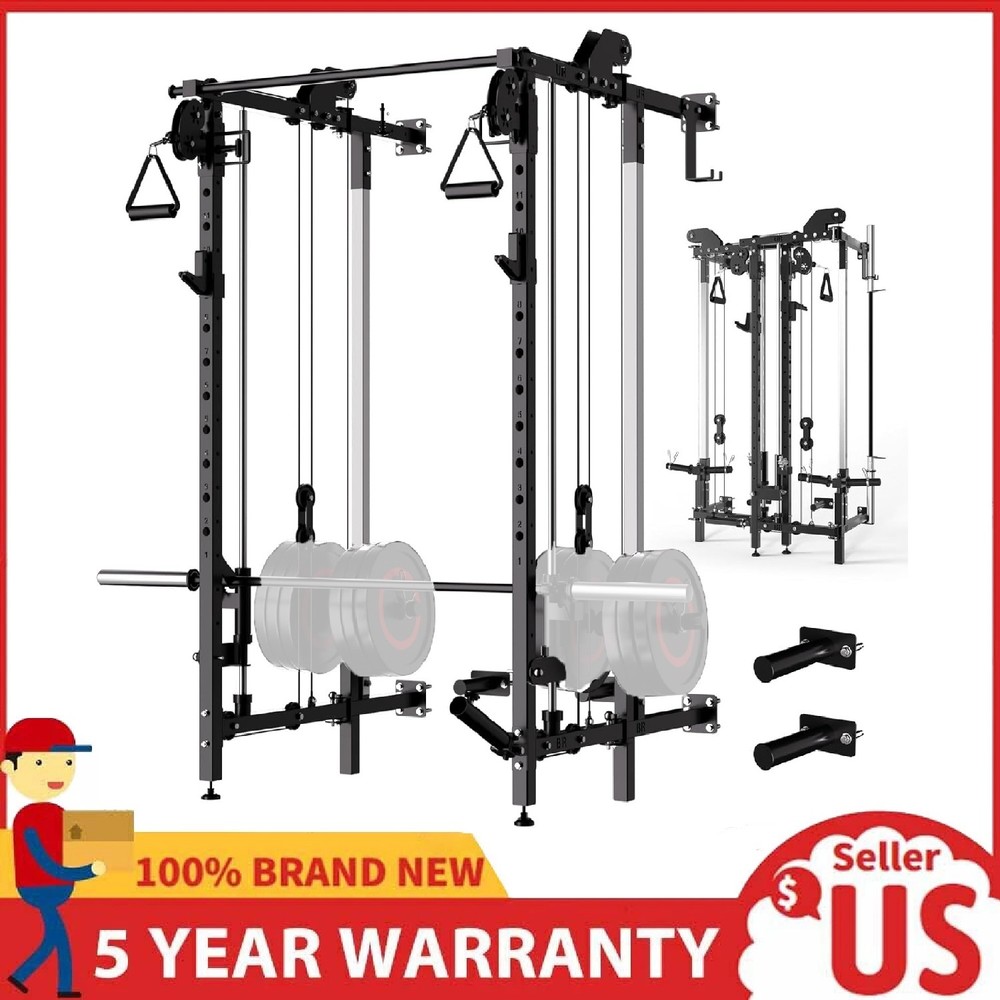 Wall Mount Smith Machine Squat Rack Power Rack with Dual Pulley System Workout