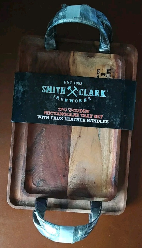 Smith+Clark Ironworks 2 pc Wooden Rectangular Tray Set  Faux Leather Handles NEW