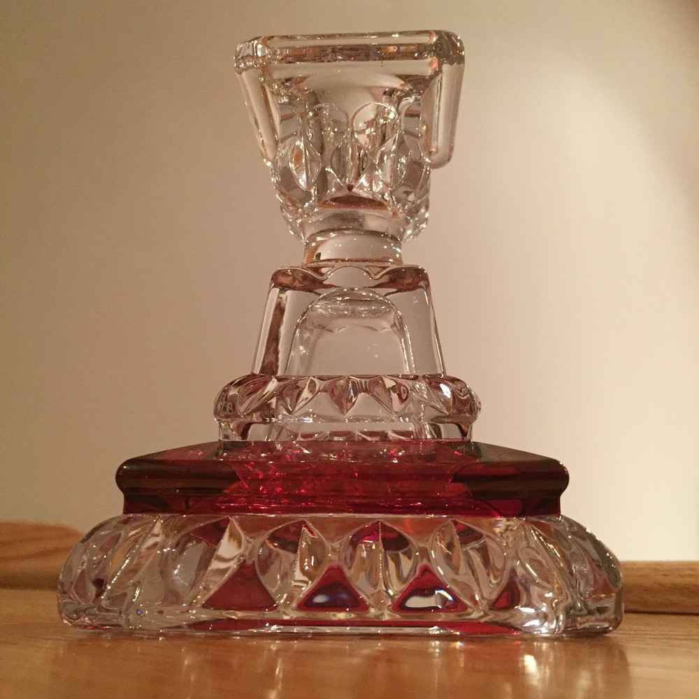 Westmoreland Wedding Pattern Ruby Flash Crystal Candlestick Pair ~ NWOB VTG