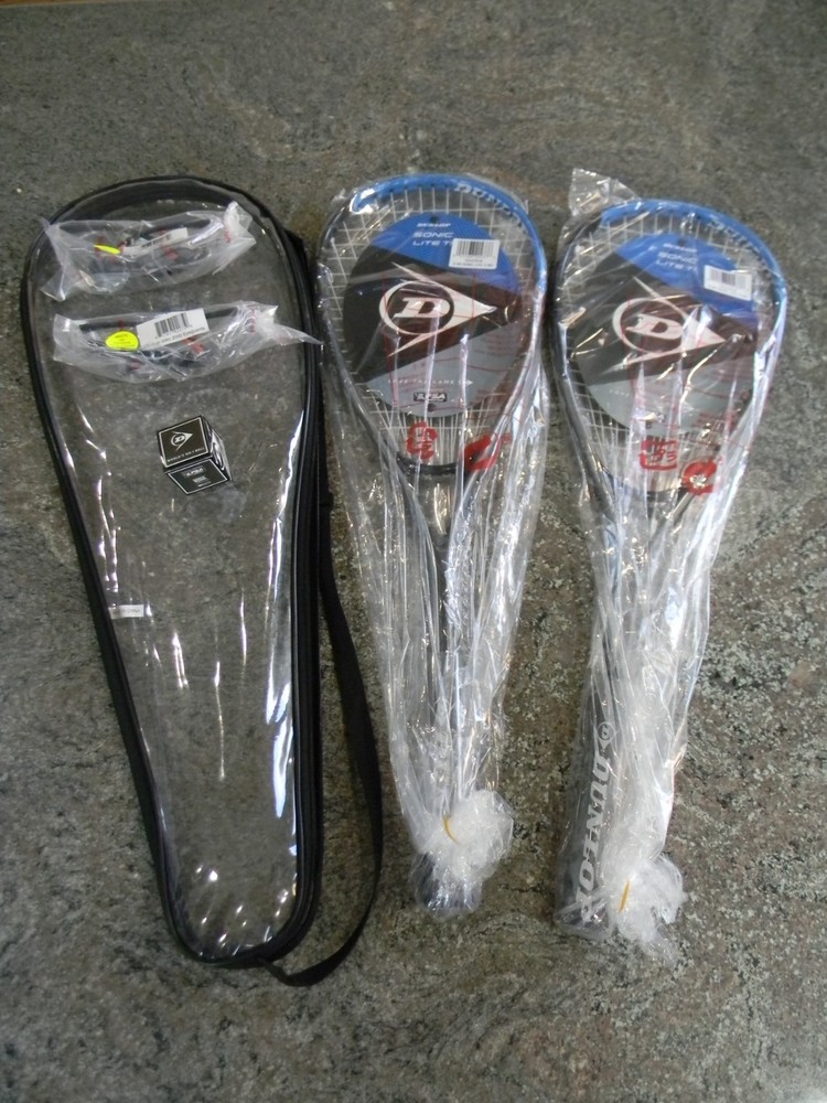 Pair Dunlop Grey/Blue Squash Lite Ti Racquets, Python Intro 2k Eyeguards, & Ball