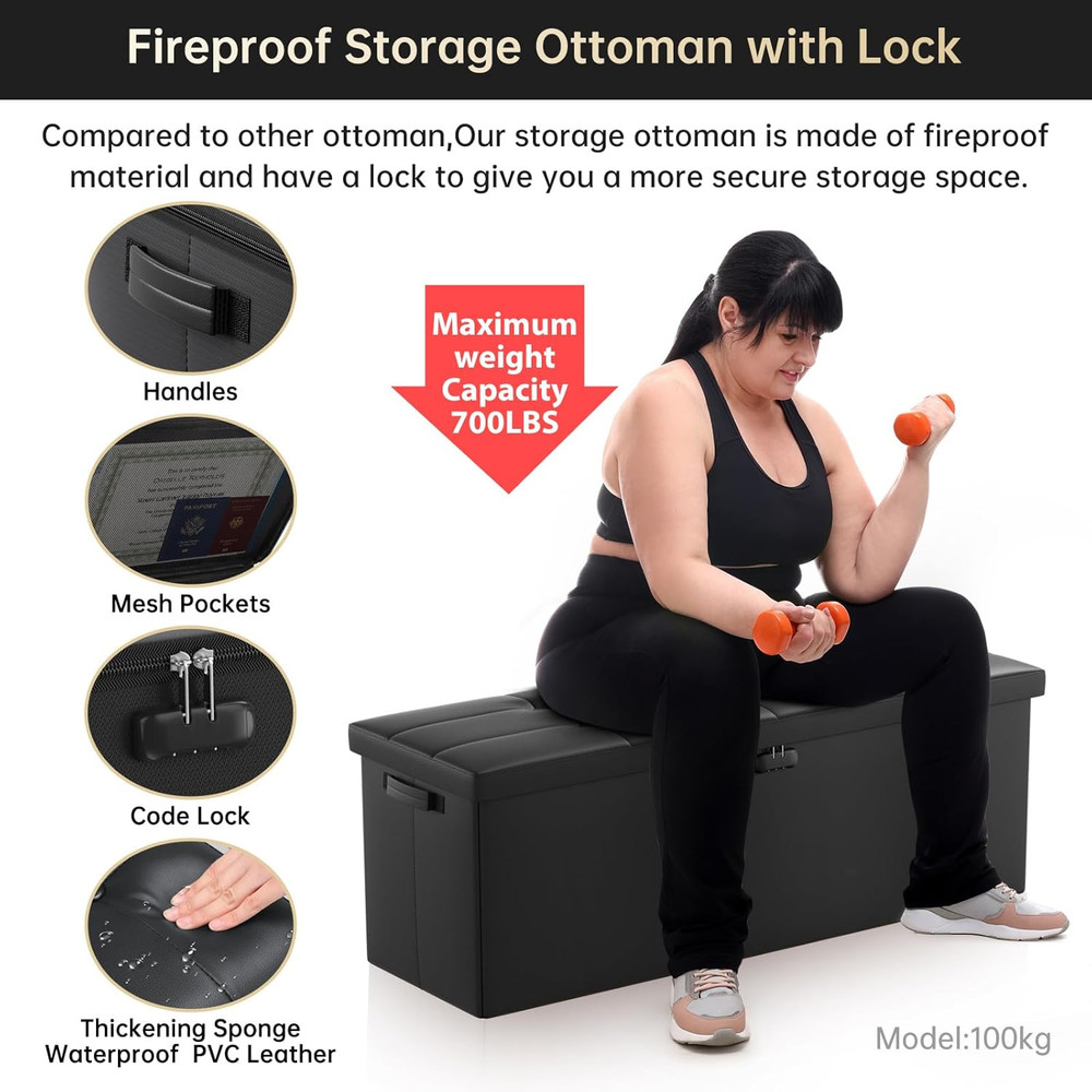 Fireproof Folding Storage Ottoman with Handles & 2 Extra Boxes - Black