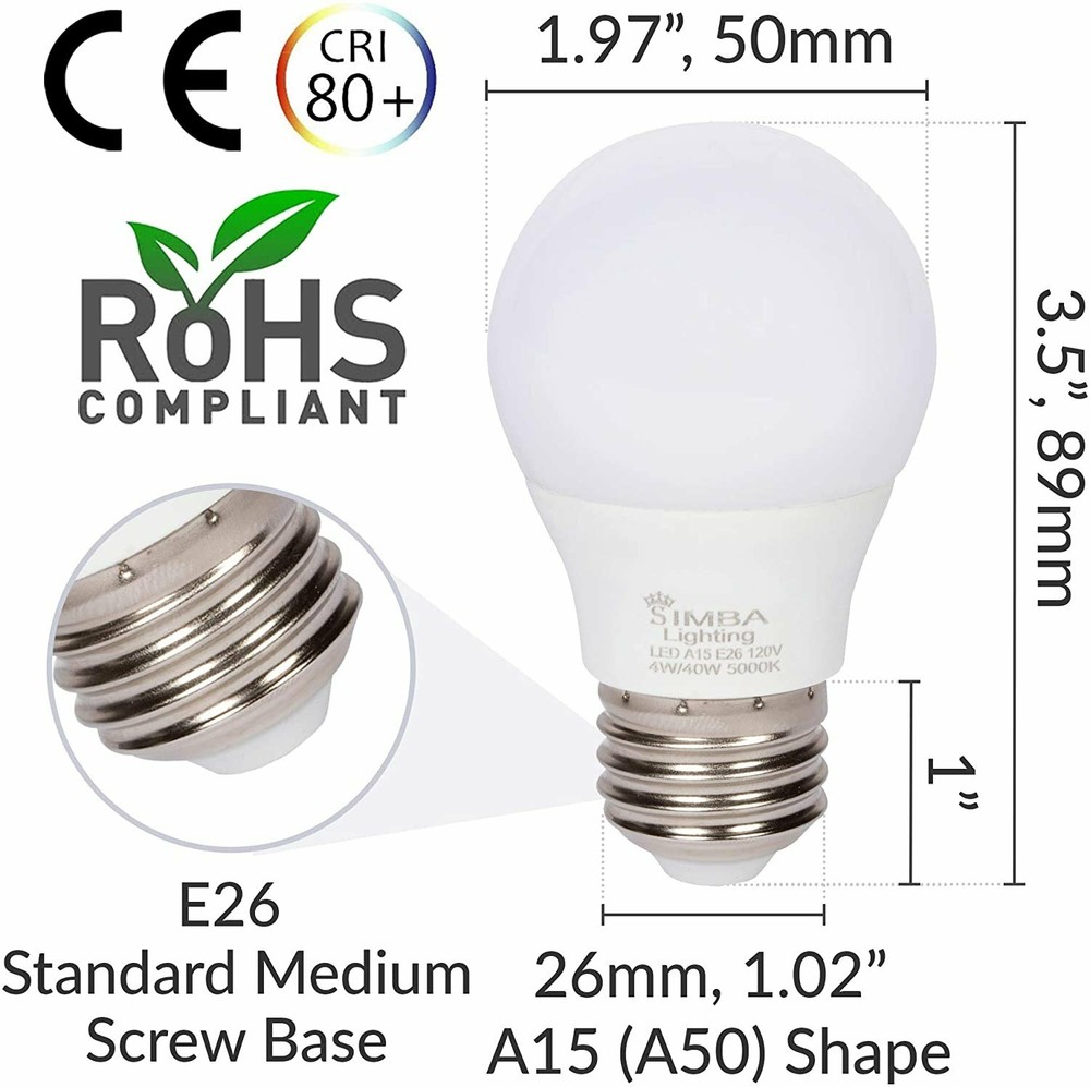 [4 Pack] LED A15 Refrigerator 4W 120V 40W Equivalent Bulbs E26 5000K Daylight