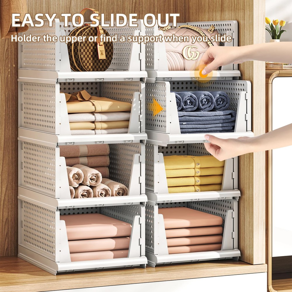 5 Packs Stackable Plastic Storage Basket for Closet Foldable Closet Organizer...