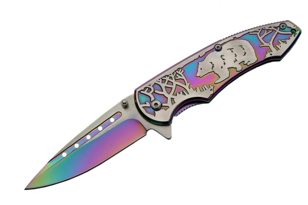 Spring-Assist Folding Knife | Rainbow Bear Embossed Titanium Oxide Blade/Handle