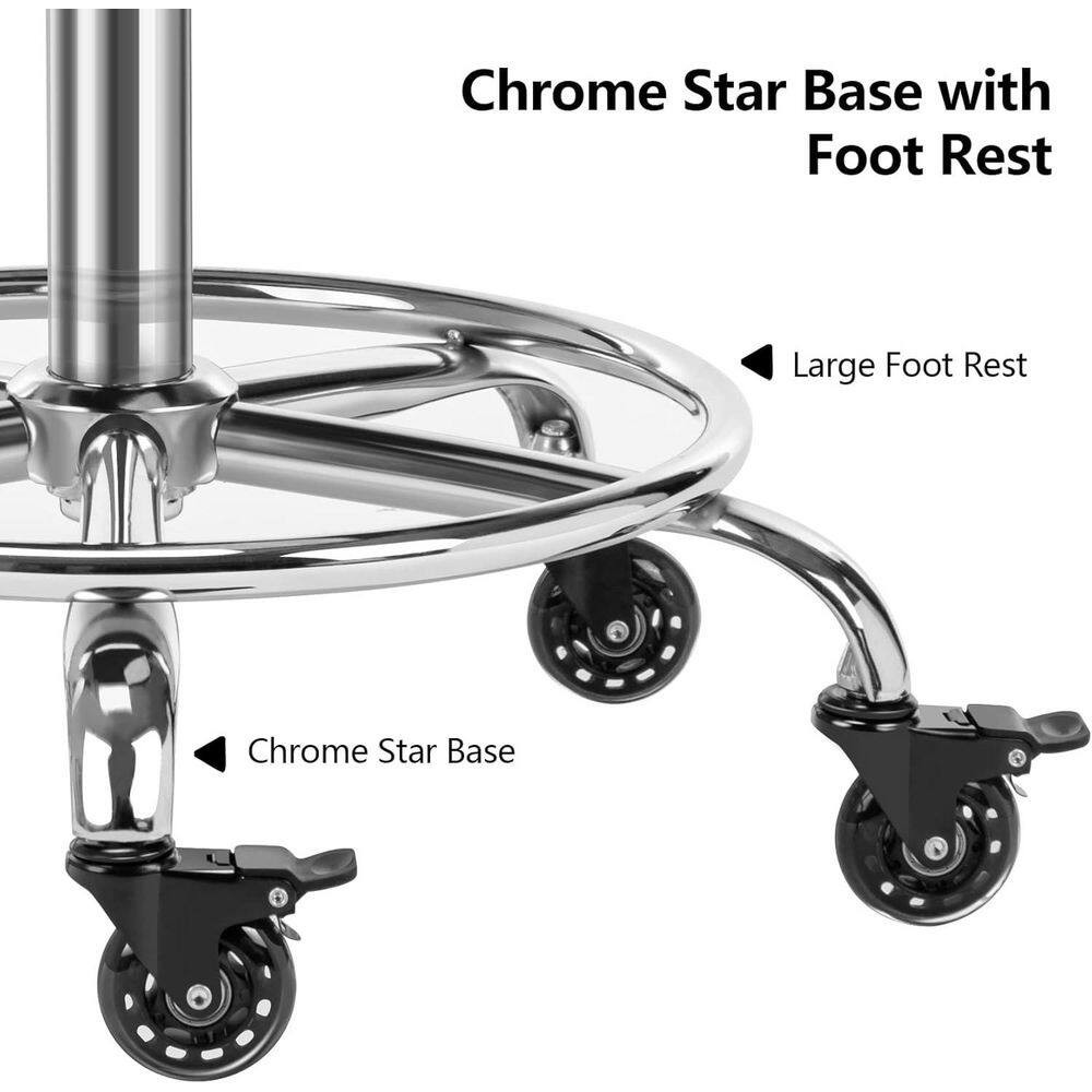 Lockable Adjustable Stool with Back Footrest Ergonomic Hydraulic Rolling, Black
