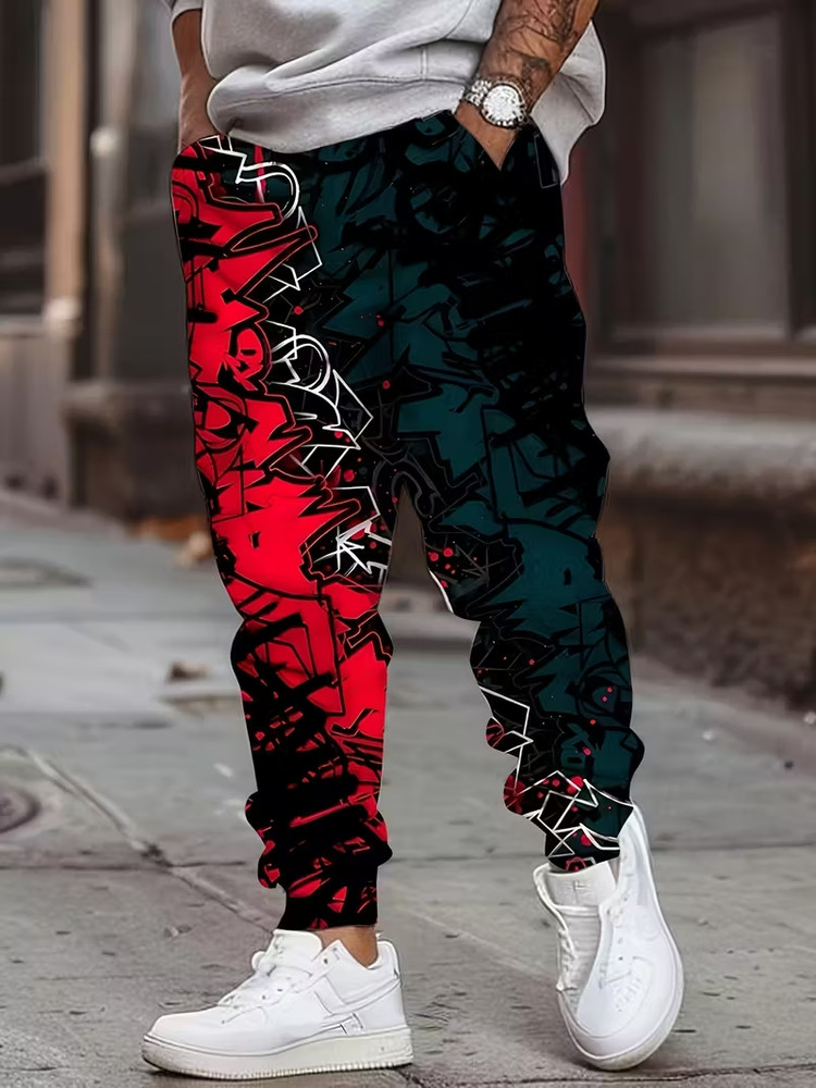 3D Graffiti Print Sweatpants with Drawstring & Pockets