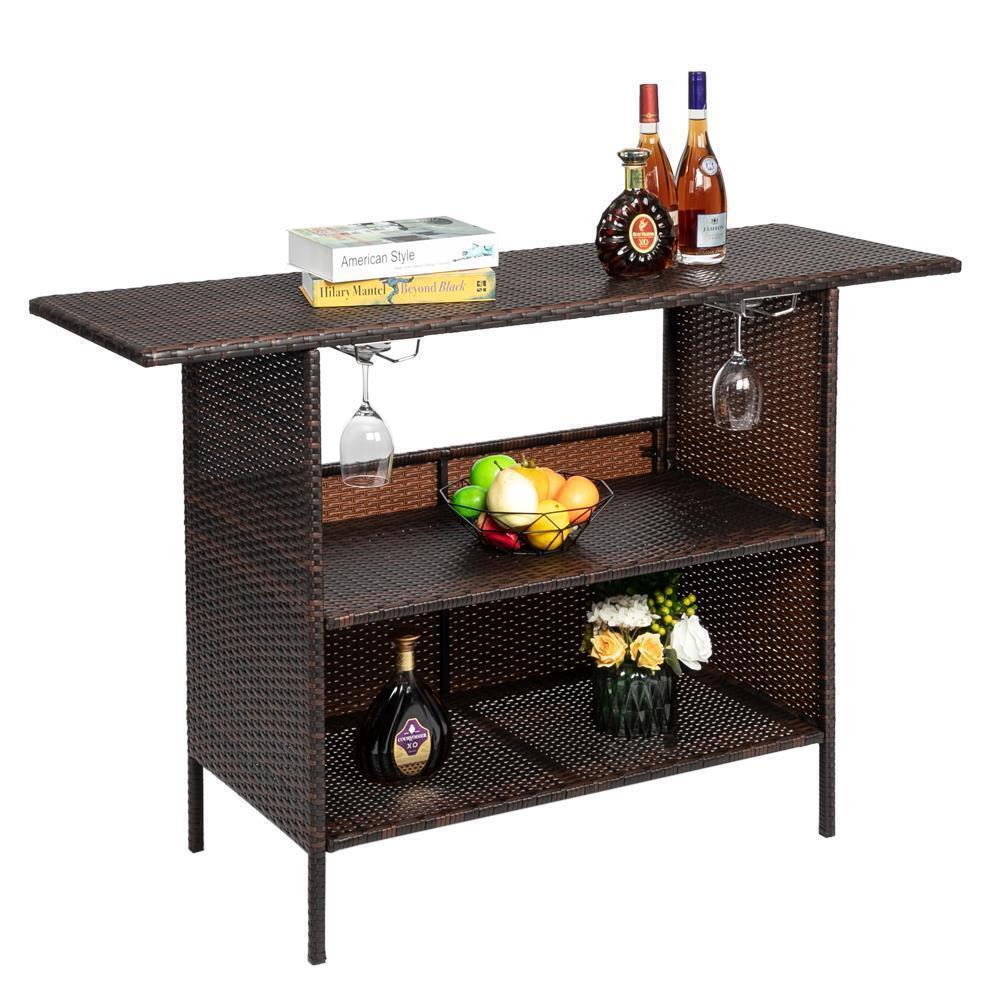 Rattan Wicker Bar Counter Table Patio Dining Table Double Layer Storage Brown