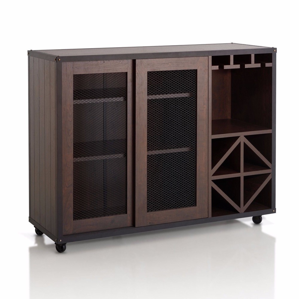 Walnut Finish Buffet Server Storage Cabinet Sideboard Wine Rack Bar Sliding Door
