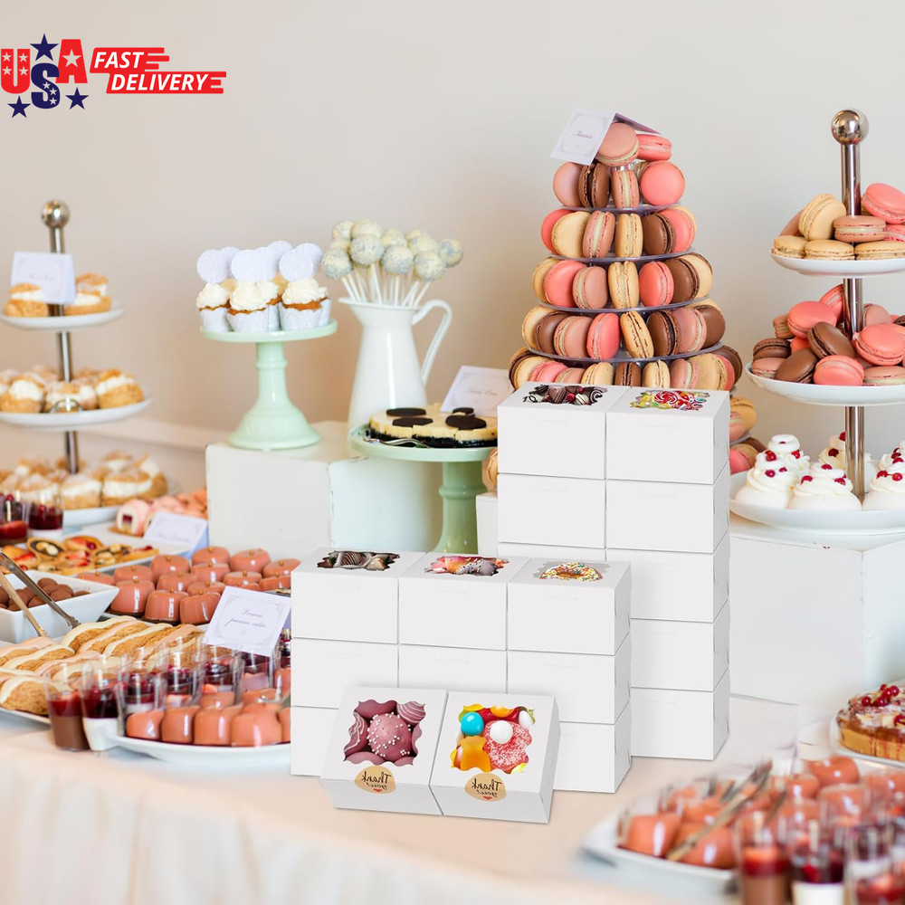 24Pcs White Cookie Boxes, 4X4X2.5 Inches Bakery Boxes with Window, for Mini Cake