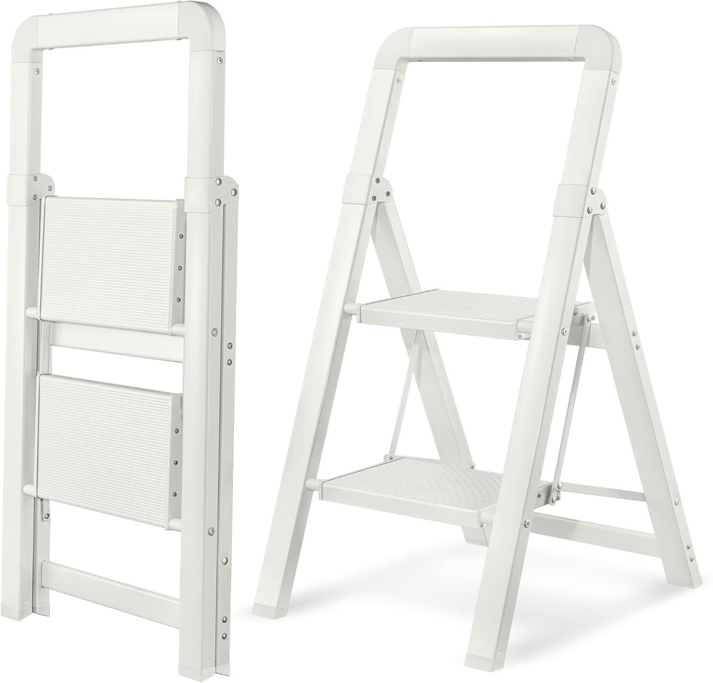 Step Ladder Folding 2-Step White Finish Aluminum Foldable Step Ladders,Anti-Slip