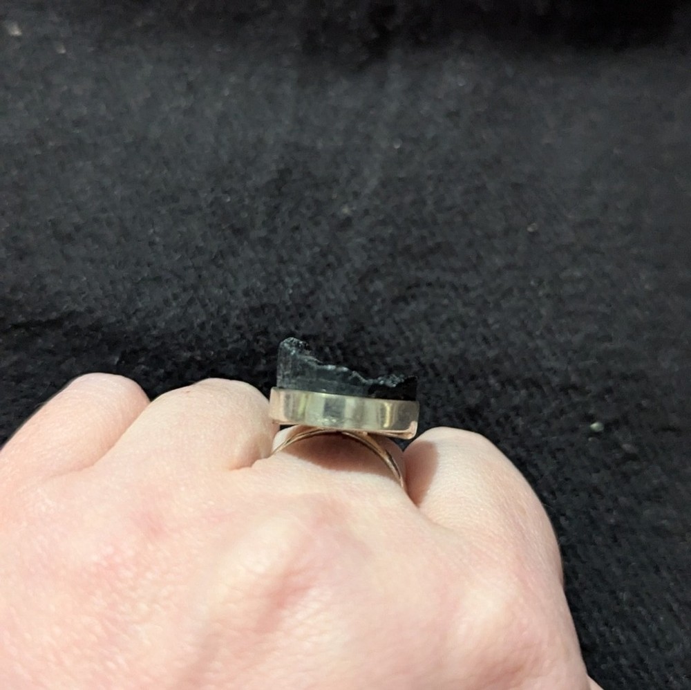 Silver Plated Black Tourmaline Gemstone Oval Statement Ring - Size 8.5