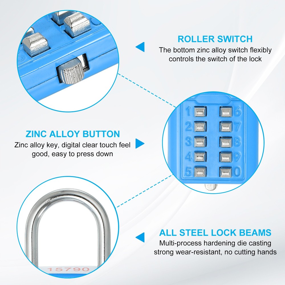 10 Digit Button Combination Padlock 5 Position Locking Mechanism Lock Blue