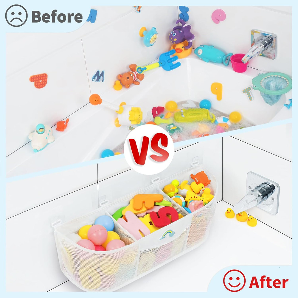 Shallow Pockets Easy Access Bath Toy Storage Organizer, 3 Compartment Large Capa