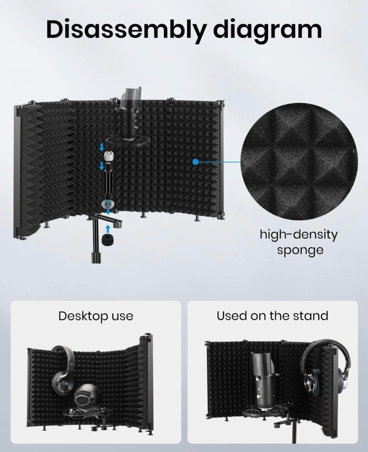 Moukey Microphone Isolation Shield Foldable Mic Shield w Triple Sound Insulation