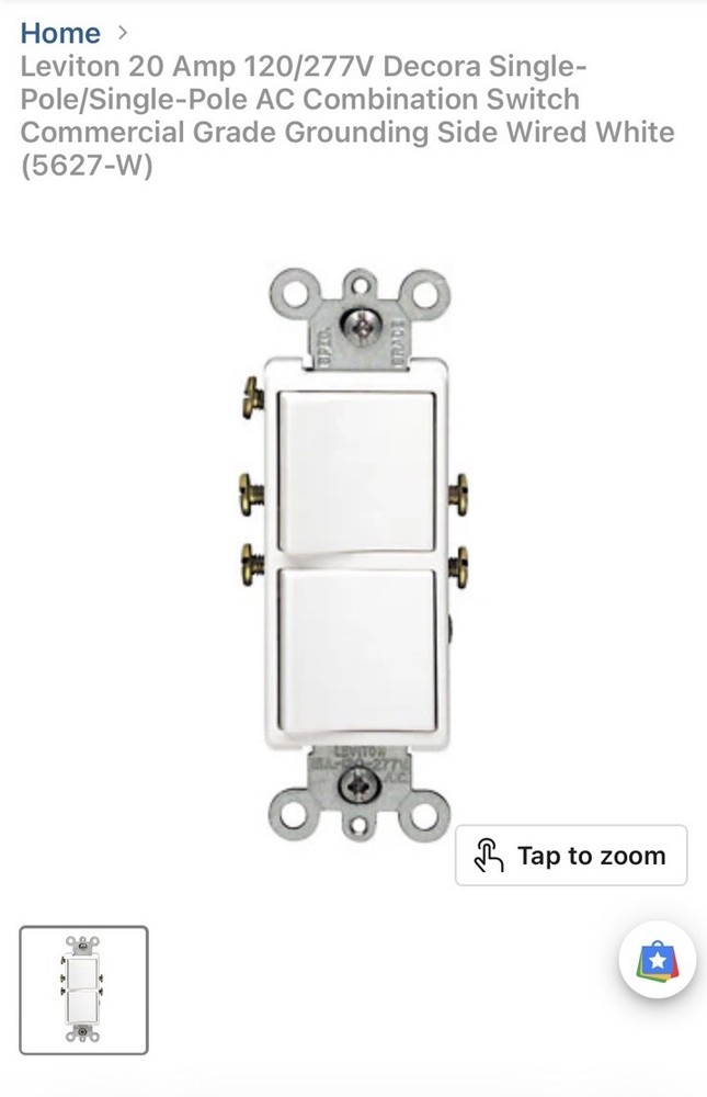 Leviton 5627-W Single Pole Switch 20A 120