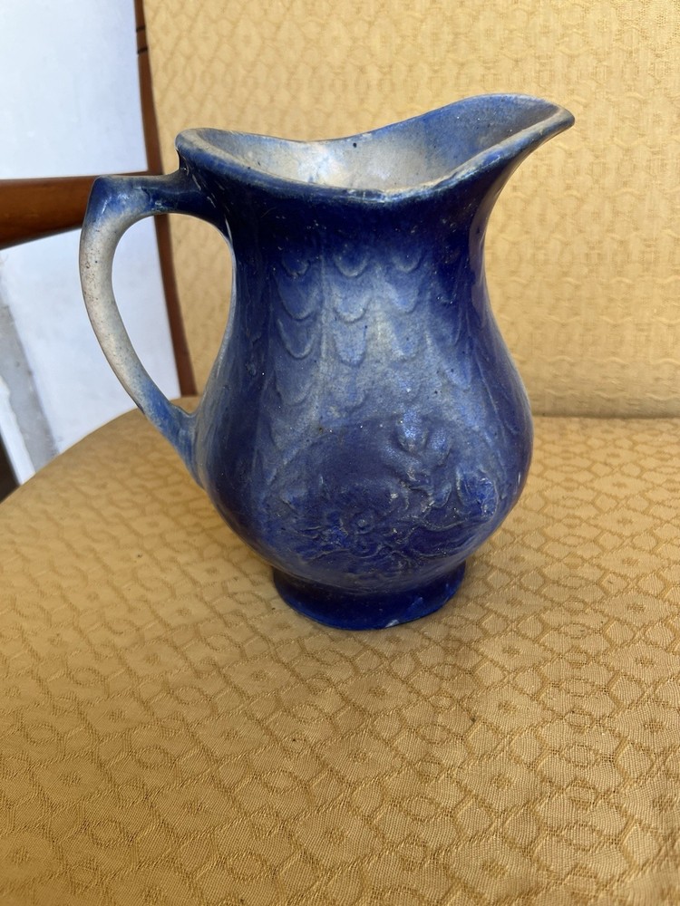 Blue Glossy Ceramic Pottery Pitcher with Handle and Spout, Solid Round Shape