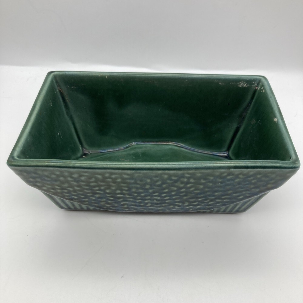 Vintage USA Pottery #75 Rectangular Iridescent Green Planter Footed Embossed