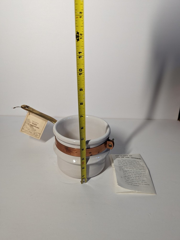 Vintage White Ceramic Pot With Copper Band And Brass Handle