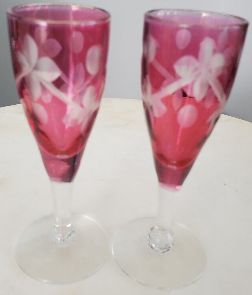 Vintage 2 Crystal Ruby Edged Shot Glasses Beautiful