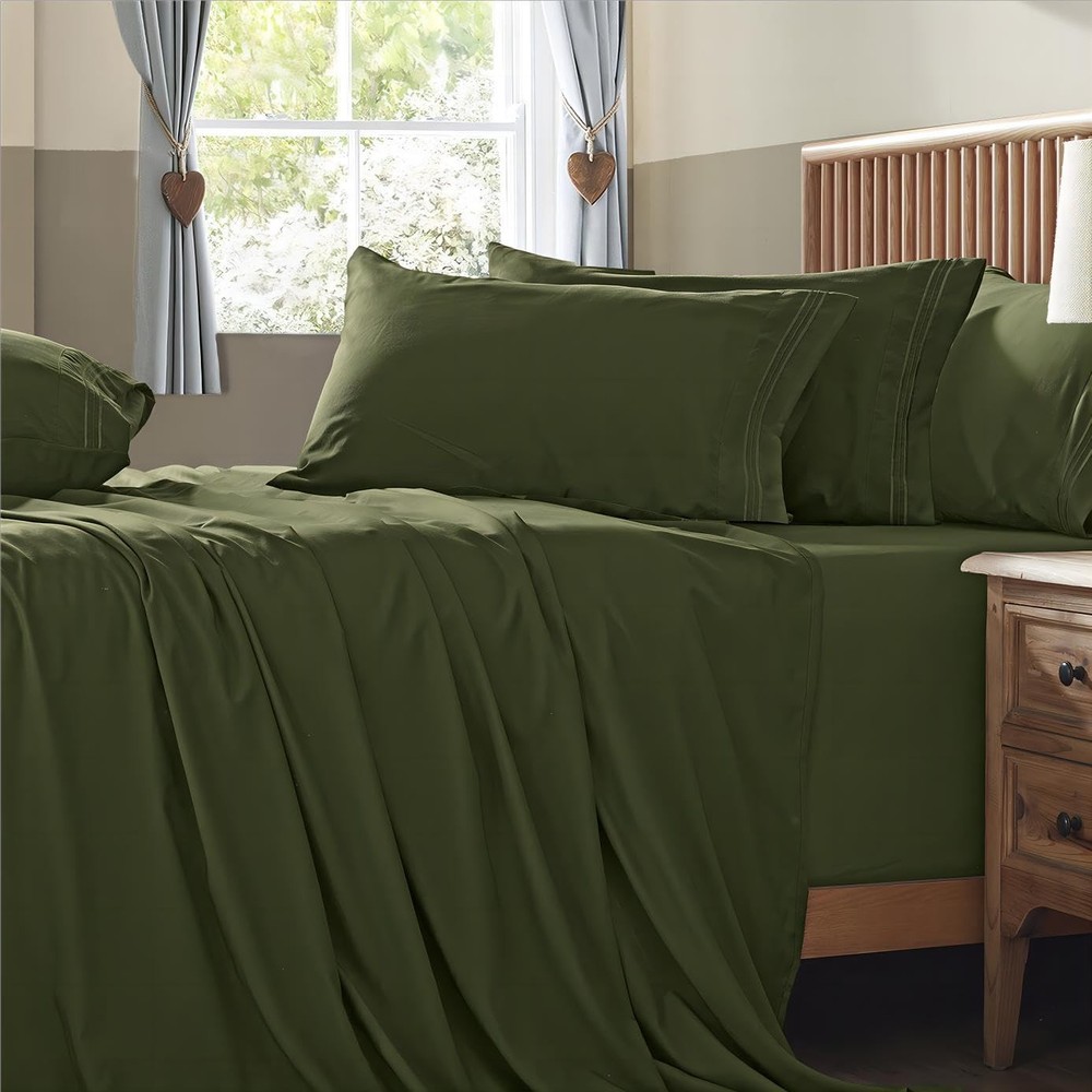 Extra Deep Pocket Queen Size Sheets Set, 6 Pieces Soft Olive Green Sheets 18-...
