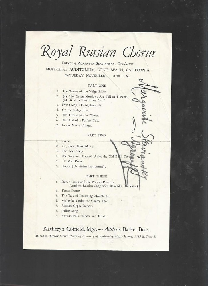 1920's Hand Signed program by Princess Agreneva Slaviansky, conductor