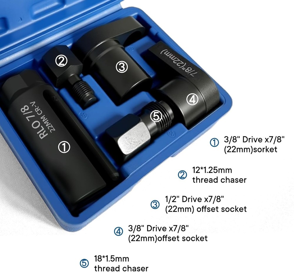 5PCS Oxygen Sensor Wrench & Thread Repair Kit, Offset Low Profile O2 Sensor Sock