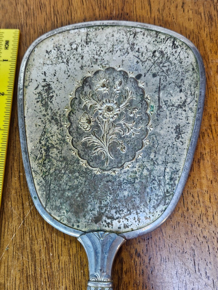 Vintage Hand Held Vanity Mirror Silver Flower Design 13”