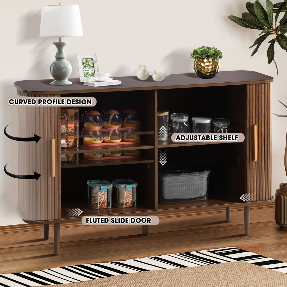 47" Sideboard Buffer Cabinet with Fluted Slide Doors, Tambour Storage Cabinet