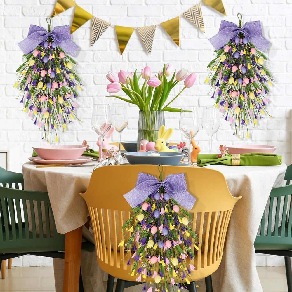 2 Pack 24'' Easter Teardrop Swags for Front Door Pastel Easter Eggs Teardrop ...