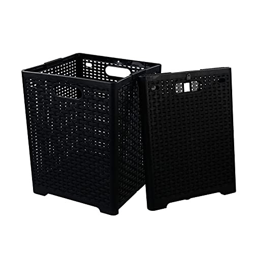 42 L Plastic Storage Basket, Folding Laundry Hamper, Black, 2 Packs