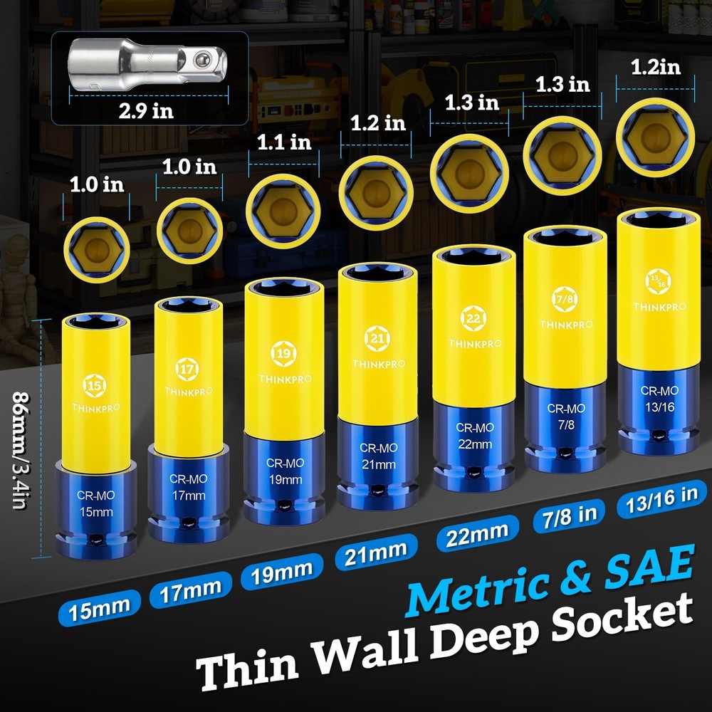 Thinkpro Impact Lug Nut Socket-8 Pieces Thin Wall Yellow