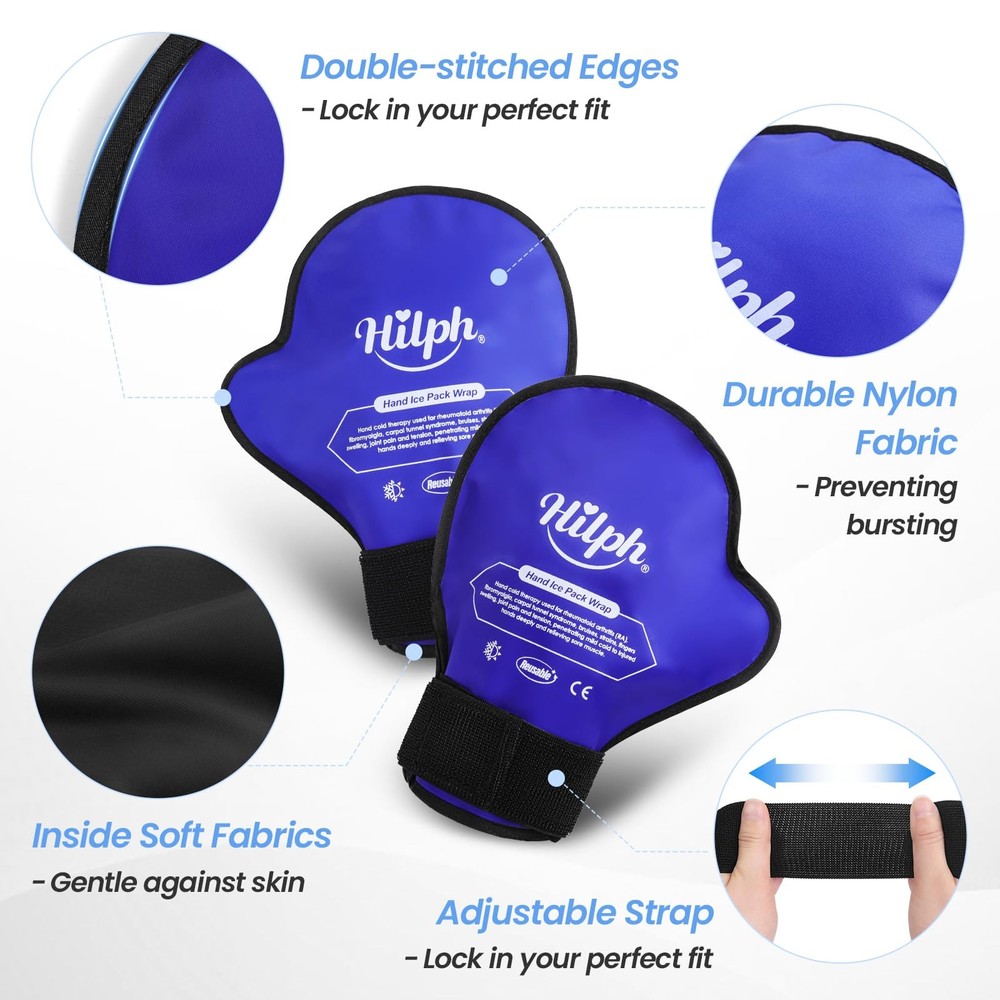 Hilph Large Hand Ice Pack Gloves for Pain Relief 2 Pack, Medium, Dark Blue
