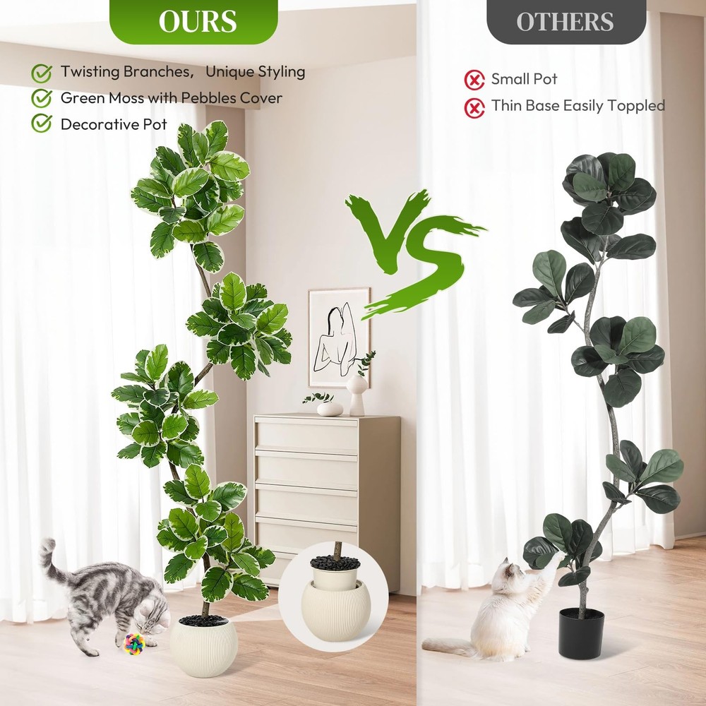 Fiddle Leaf Fig Tree Artificial Indoor, 7 ft Tall Faux Rubber Tree with Spher...