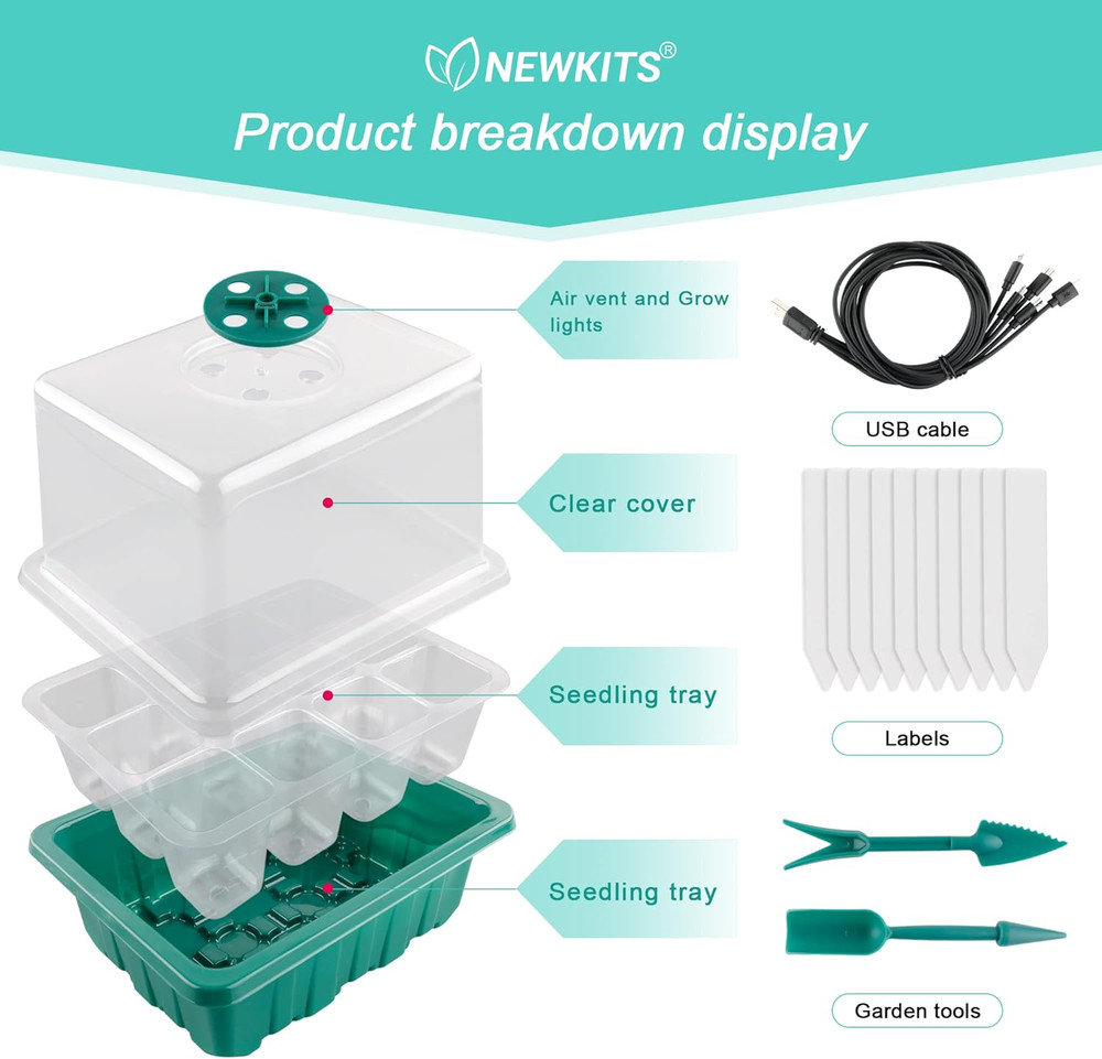 Seed Starter Tray with Grow Light 12 Cell Germination Kit Humidity Dome