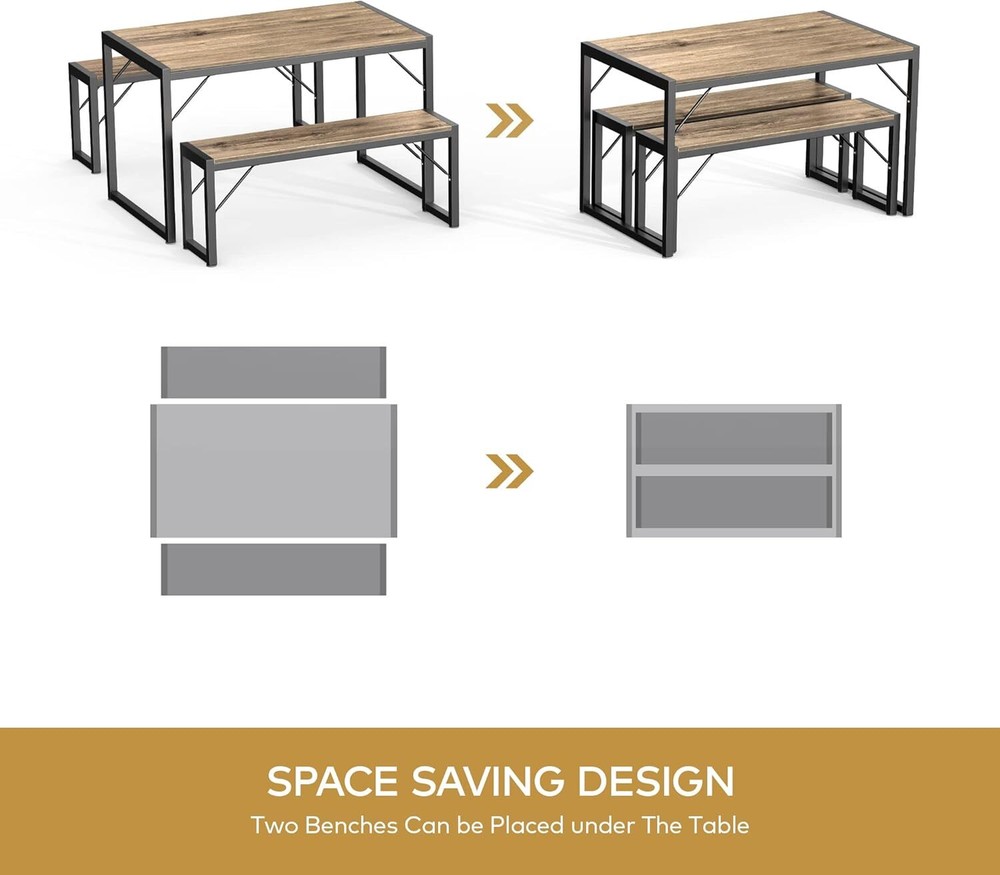 45.5" Dining Table Set for 4 with 2 Benches, Kitchen Table Set with Metal Frame