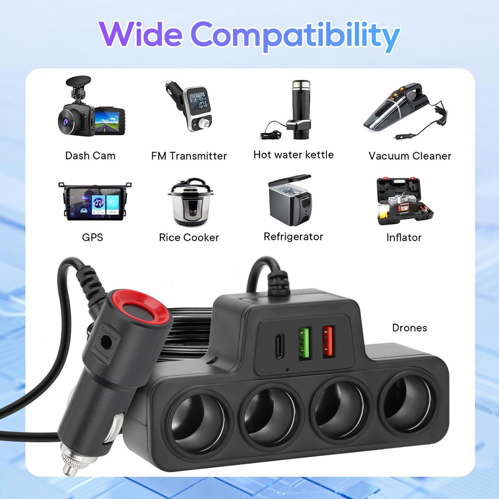 3-Way 4-Way Car Cigarette Lighter Socket Splitter Fast Charger Power Adapter 12V