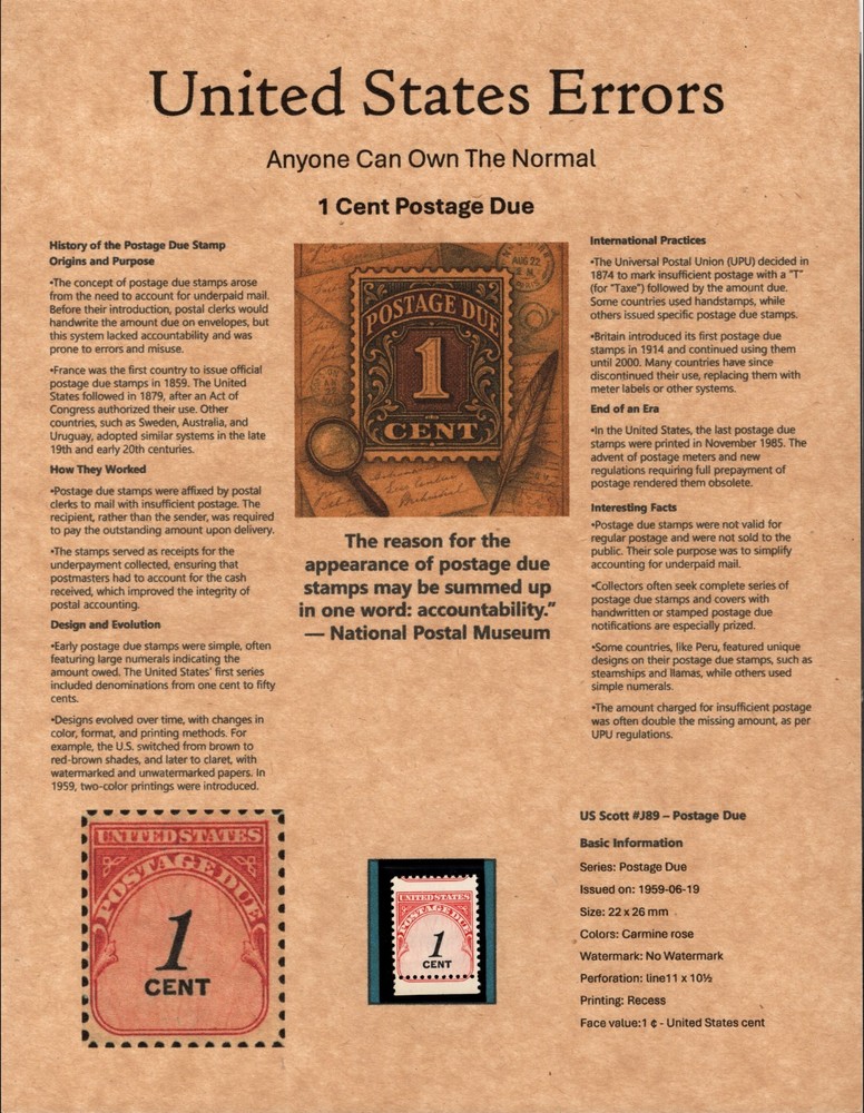 Perfectly Flawed SN J89 MNH - Misperf on Custom Presentation Panel 8.5” X 11”