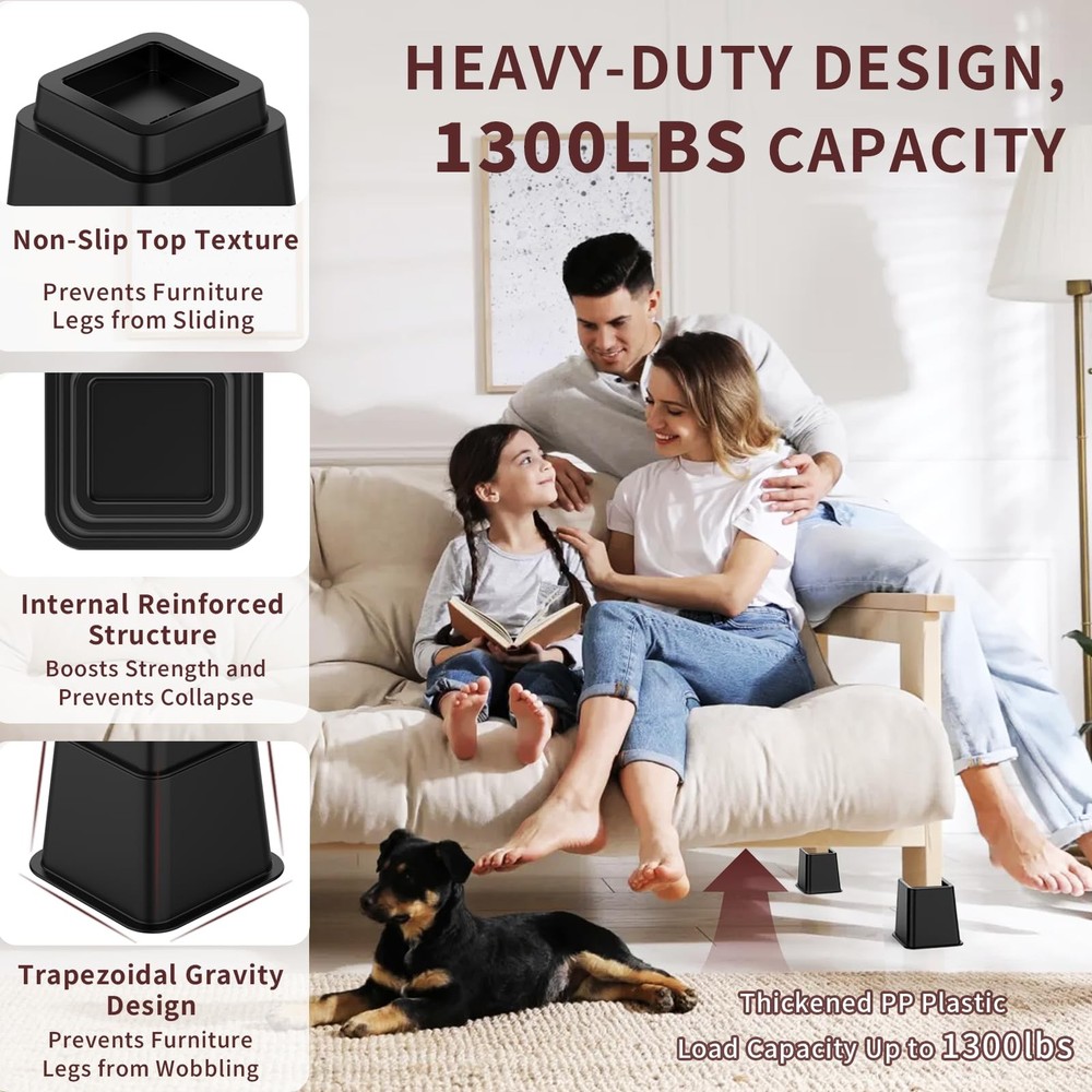 Adjustable Bed Risers 3 5 8 Inch Heavy Duty Stackable 4 Pack Black 1300lb