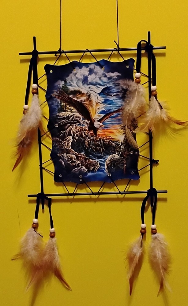 Bohemian Eagle Metal Framed Dream Catcher - Brown & White Feather Dangles 9"Long