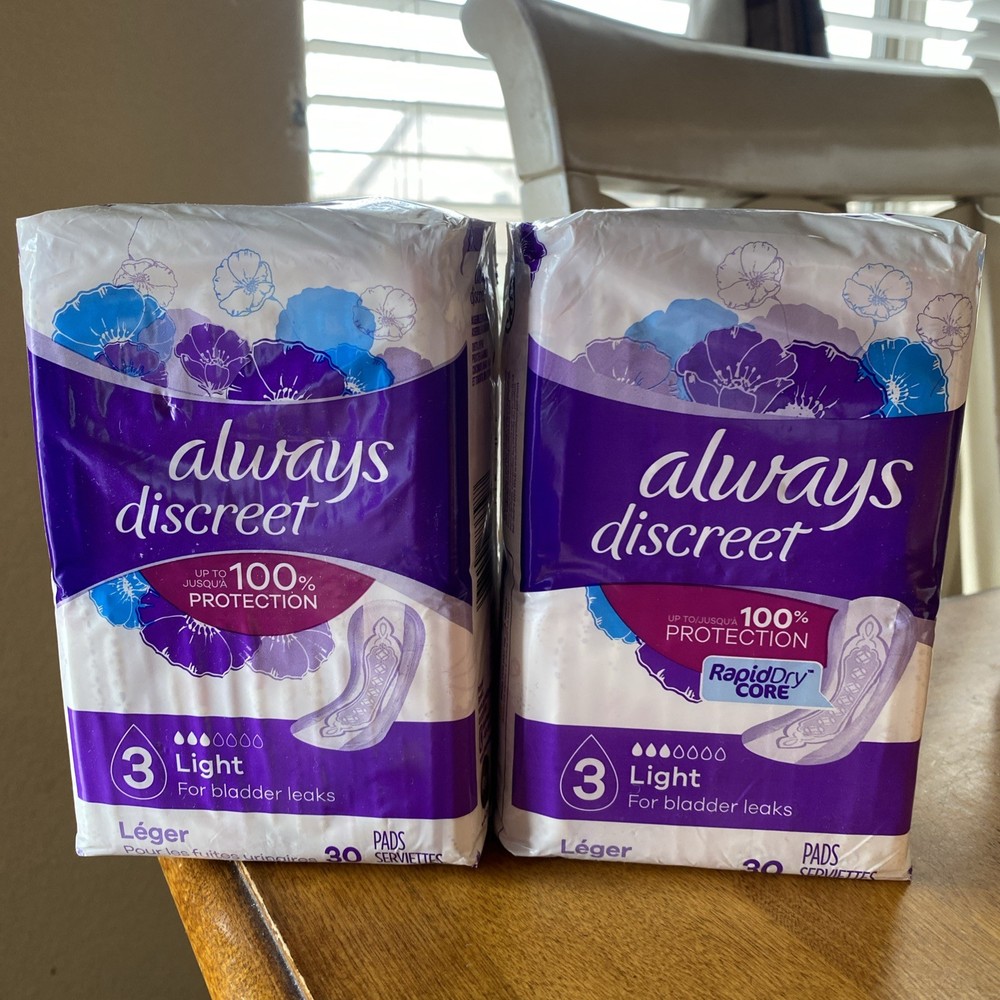 2x Always Discreet Incontinence Pads #3 Light Absorbency 30ct ea 60 Total