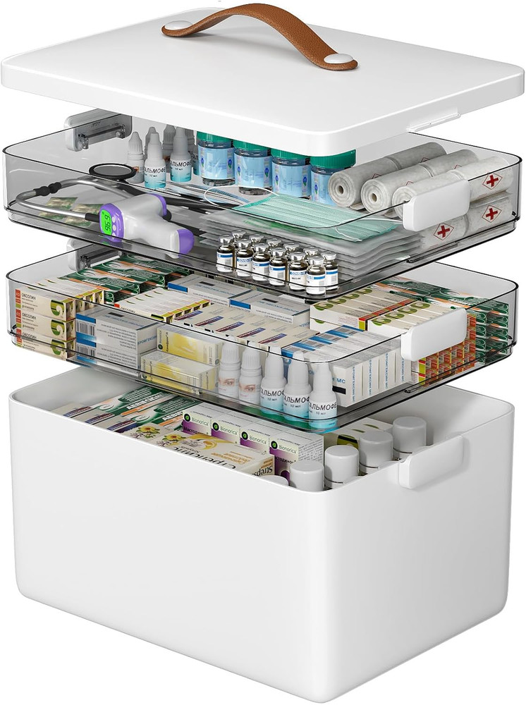 Portable 3 Tier Medicine Storage Box Handle Empty First Aid Organizer, Home Use