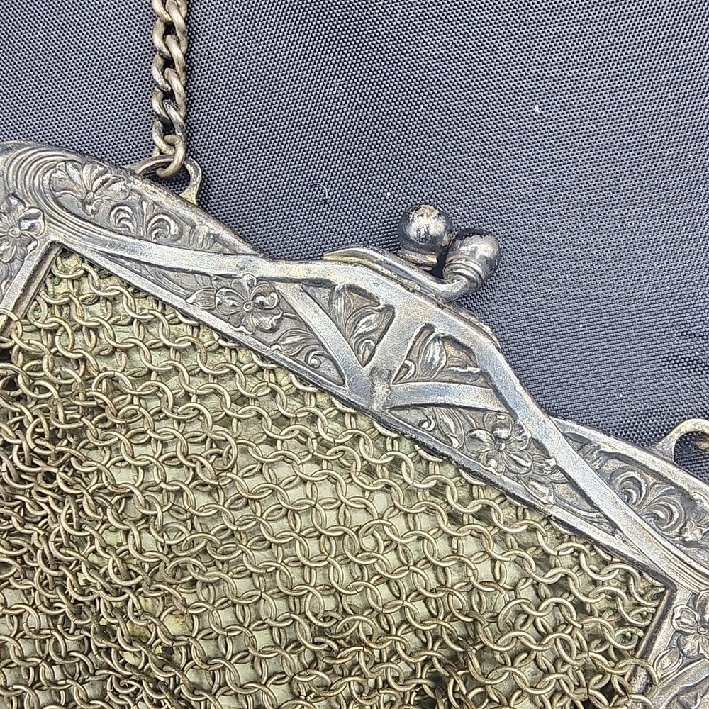JPR German Silver Mesh Purse with Chain Handle and Ornate Frame