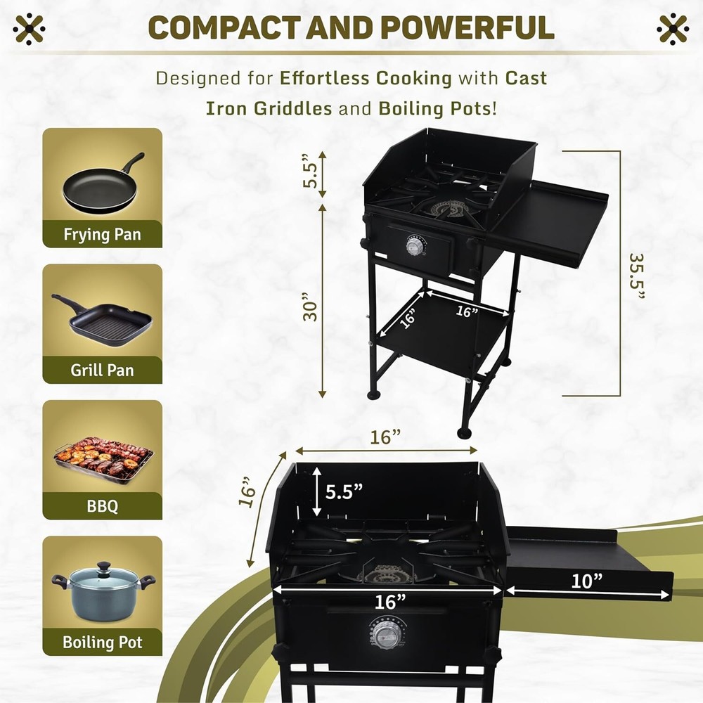 Single Burner Propane Camping Stove - with Side & Bottom Shelf and Wind Panel